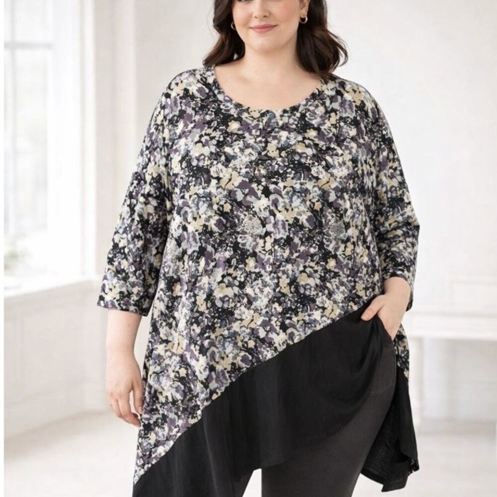 Logo By Lori Goldstein Floral Tunic Asymmetrical Hem Relaxed 3X Travel Office